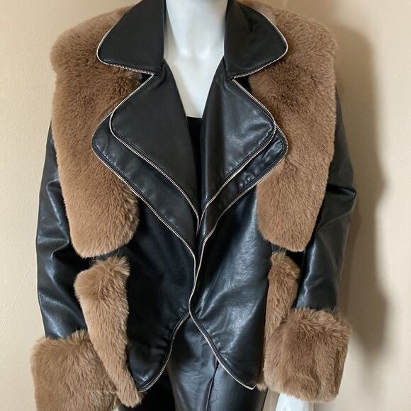 NWT Azalea Wang Faux Fur Leather Moto Jacket -Black & Brown - Size 1X - Picture 3 of 16